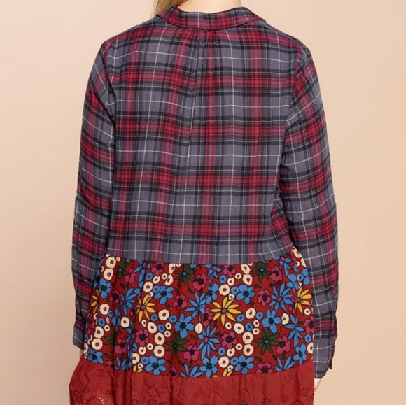 Plaid & Floral Lace Tiered Tunic Shirt - Picture 3 of 4